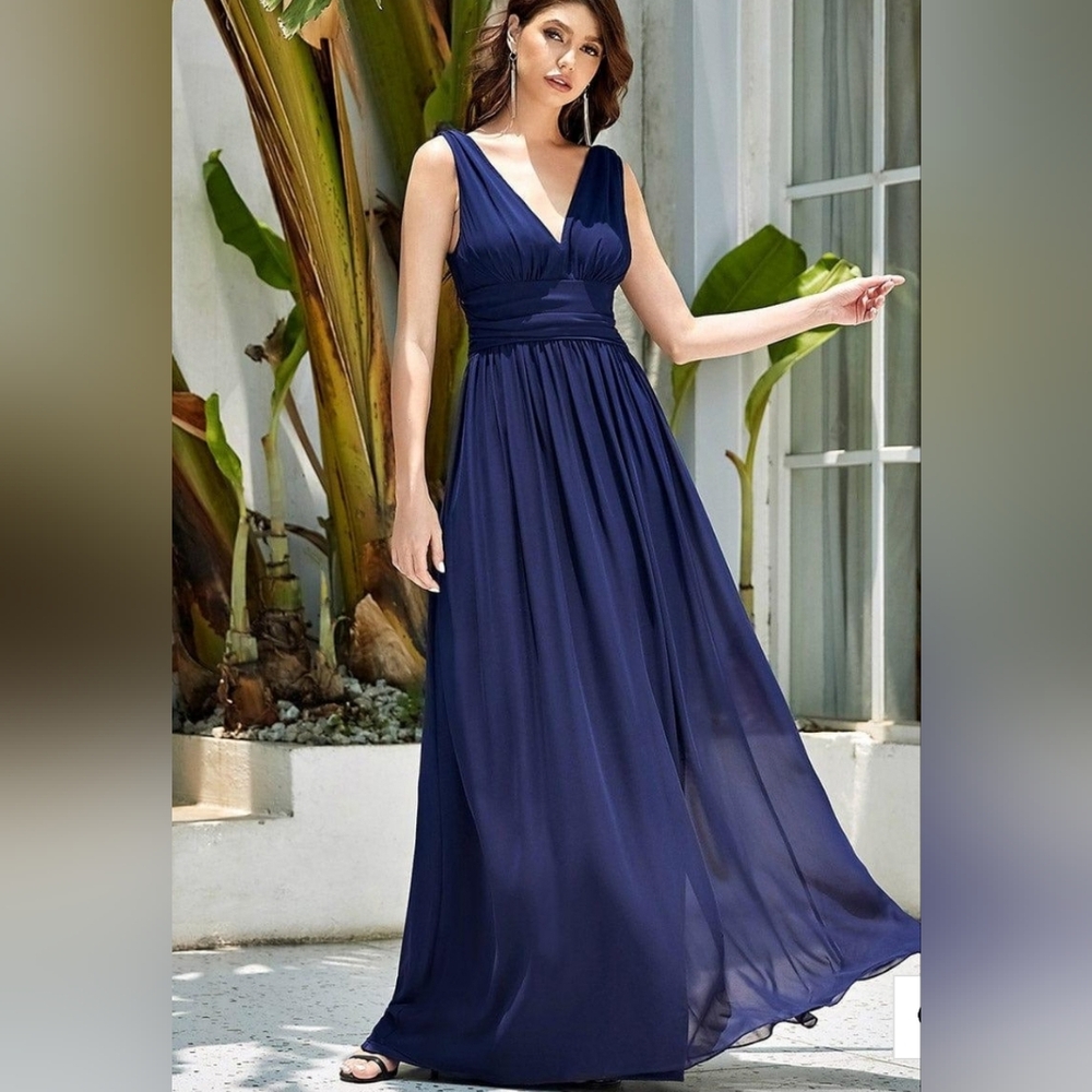 Nwt Ever Pretty Pleated Sleeveless V-Neck Chiffon Maxi Dress Navy Blue